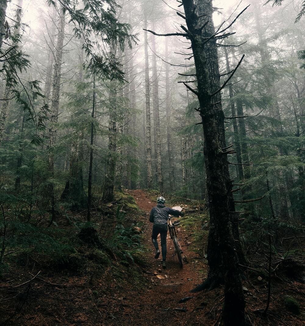 Person pushing a mountain bike uphill along a forest trail in the Big Sur region of California’s west coast. Person pushing a mountain bike uphill along a forest trail in the Big Sur region of California’s west coast.